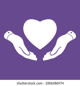 flat heart icon in hands on the ultra violet background