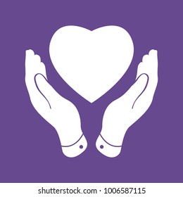 flat heart icon in hands on the ultra violet background
