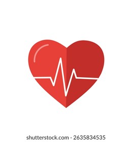 Flat heart icon with heartbeat line, symbolizing cardiology, health monitoring, love, and medical heart diagnostics