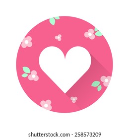Flat heart icon with long shadow on pink circle with floral print - flowers and green leaves. 