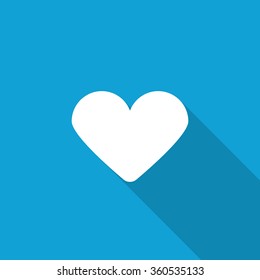 Flat Heart icon with long shadow on blue backround