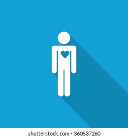 Flat Heart icon with long shadow on blue backround