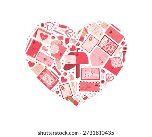 Flat heart mail letter icon with gift envelope, postcard and message. Valentine concept of love delivery. Romantic mail or valentine card for celebration, isolated icon for holiday correspondence.