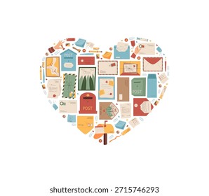 Concepto de etiqueta engomada de la letra del correo del corazón plano. Sobre, correo, postal, sello, nota y mensaje en tema postal creativo. Diseño de iconos de moda para correspondencia, comunicación y saludo, estilo aislado.