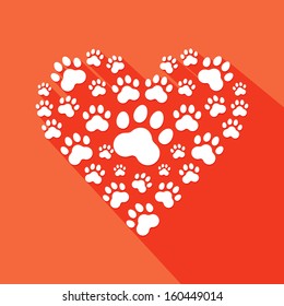 Flat heart with pet paws silhouette and shadow . Vector illustration