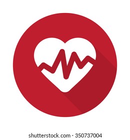 Flat Heart Rate Pulse icon with long shadow on red circle