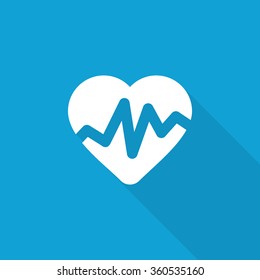 Flat Heart Rate Pulse icon with long shadow on blue backround