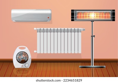 Flat heaters set with radiator electric fan conditioner and infrared heating appliance in room vector illustration