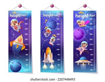 Flat height growth chart for kids with cute astronaut animals, space rocket and planets. Child wall meter, children measuring ruler with happy dogs, monkey and sloth in cosmic galaxy with starts.