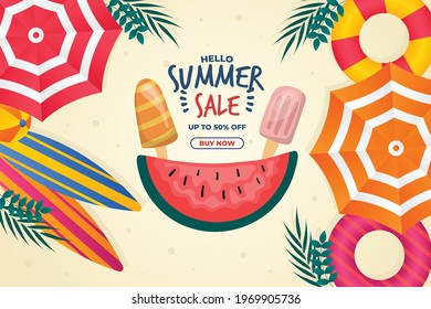 Flat hello summer sale vector background