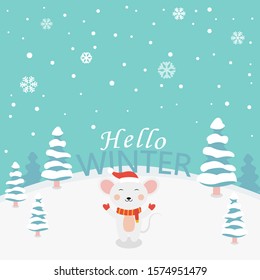 Flat hello winter snowy illustration design with tree and mouse.