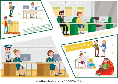 Flat Helpline Service Concept With Support Workers Of Shop Medical Bank Police Department Call Centers Vector Illustration