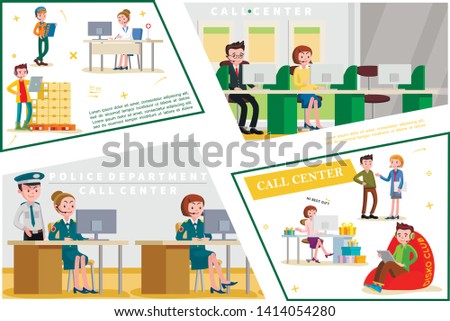 Flat helpline service concept with support workers of shop medical bank police department call centers vector illustration