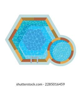 Flat hexagon swimming pool with round hot tub top view vector illustration