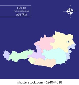Flat high detailed Austria map. Divided into editable contours of administrative divisions. Template for your design works. Vector illustration.