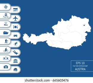 Flat high detailed Austria map. Divided into editable contours of administrative divisions. Vacation and travel icons. Template for your design works. Vector illustration.