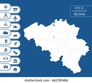 Flat high detailed Belgium map. Divided into editable contours of administrative divisions. Vacation and travel icons. Template for your design works. Vector illustration.