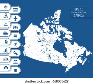 Flat high detailed Canada map. Lakes in separate layer. Divided into editable contours of administrative divisions. Vacation and travel icons. Template for your design works. Vector illustration.