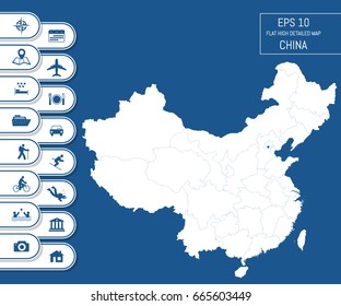 Flat high detailed China map. Divided into editable contours of administrative divisions. Vacation and travel icons. Template for your design works. Vector illustration.