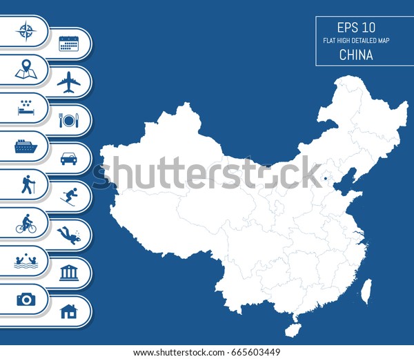 Flat high\
detailed China map. Divided into editable contours of\
administrative divisions. Vacation and travel icons. Template for\
your design works. Vector\
illustration.