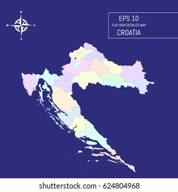 Flat high detailed Croatia map. Divided into editable contours of administrative divisions. Template for your design works. Vector illustration.