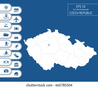 Flat high detailed Czech Republic map. Divided into editable contours of administrative divisions. Vacation and travel icons. Template for your design works. Vector illustration.