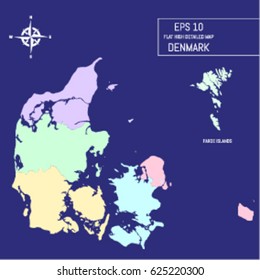 Flat high detailed Denmark map. Divided into editable contours of administrative divisions. Template for your design works. Vector illustration.