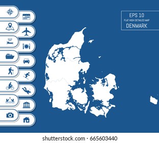 Flat high detailed Denmark map. Divided into editable contours of administrative divisions. Vacation and travel icons. Template for your design works. Vector illustration.
