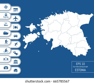 Flat high detailed Estonia map. Divided into editable contours of administrative divisions. Vacation and travel icons. Template for your design works. Vector illustration.