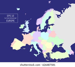 Flat high detailed Europe map. Divided into high detailed editable contours of countries. Template for your design works. Vector illustration.