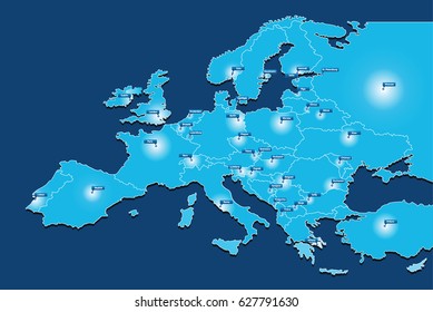 Flat high detailed Europe map. Divided into detailed editable country outlines and capital cities. Template for your design works. Vector illustration.