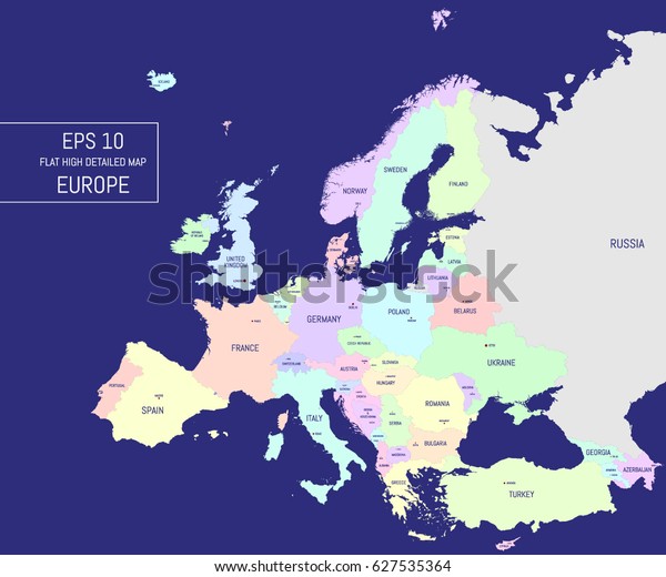 Flat high\
detailed Europe map. Names of countries and capitals. Divided into\
high detailed editable contours of countries. Template for your\
design works. Vector\
illustration.