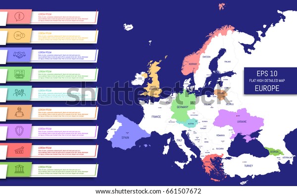 Flat high detailed Europe map. Capitals and\
country names. Divided into high detailed editable contours of\
countries. Info graphic elements. Template for your design works.\
Vector illustration.
