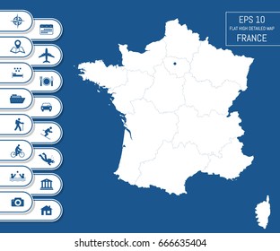 Flat high detailed France map. Divided into editable contours of administrative divisions. Vacation and travel icons. Template for your design works. Vector illustration.