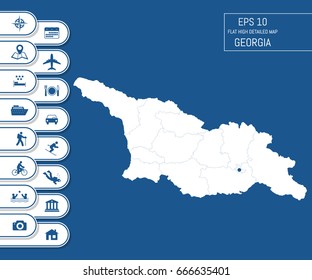 Flat high detailed Georgia map. Divided into editable contours of administrative divisions. Vacation and travel icons. Template for your design works. Vector illustration.