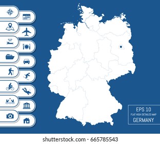 Flat high detailed Germany map. Divided into editable contours of administrative divisions. Vacation and travel icons. Template for your design works. Vector illustration.
