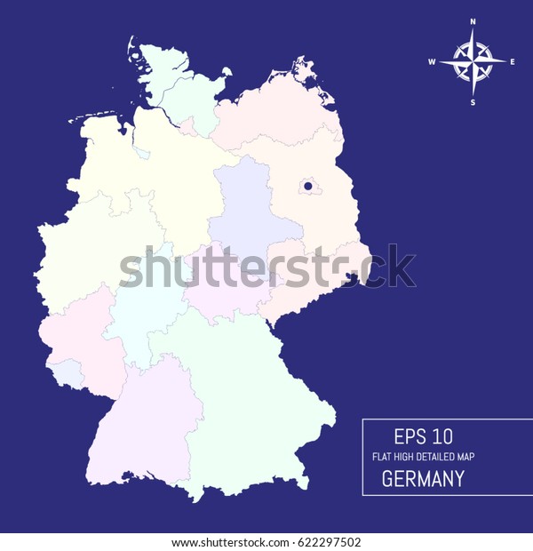 Flat high\
detailed Germany map. Divided into editable contours of\
administrative divisions.  Continental part and islands. Template\
for your design works. Vector\
illustration.