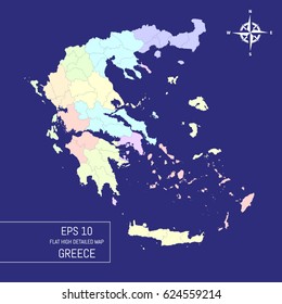 Flat high detailed Greece map. Divided into editable contours of administrative divisions. Template for your design works. Vector illustration.