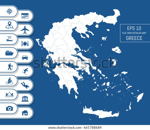 Flat high\
detailed Greece map. Divided into editable contours of\
administrative divisions. Vacation and travel icons. Template for\
your design works. Vector\
illustration.