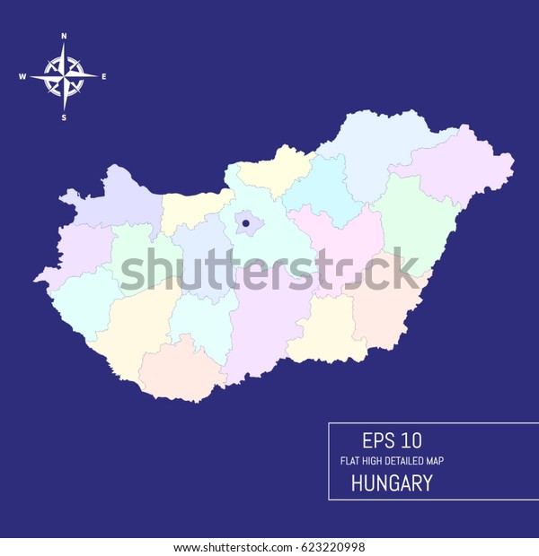 Flat high detailed Hungary map. Divided\
into editable contours of administrative divisions. Template for\
your design works. Vector\
illustration.