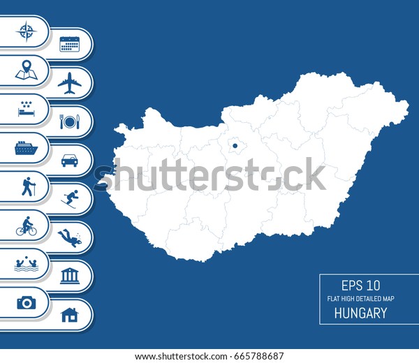 Flat high\
detailed Hungary map. Divided into editable contours of\
administrative divisions. Vacation and travel icons. Template for\
your design works. Vector\
illustration.
