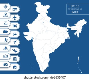 Flat high detailed India map. Divided into editable contours of administrative divisions. Vacation and travel icons. Template for your design works. Vector illustration.