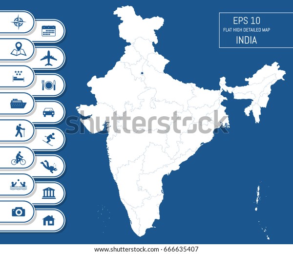 Flat high\
detailed India map. Divided into editable contours of\
administrative divisions. Vacation and travel icons. Template for\
your design works. Vector\
illustration.