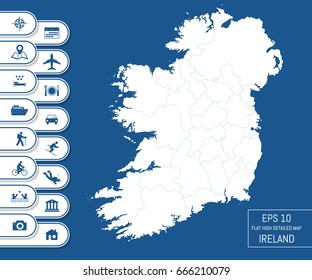 Flat high detailed Ireland map. Divided into editable contours of administrative divisions. Vacation and travel icons. Template for your design works. Vector illustration.