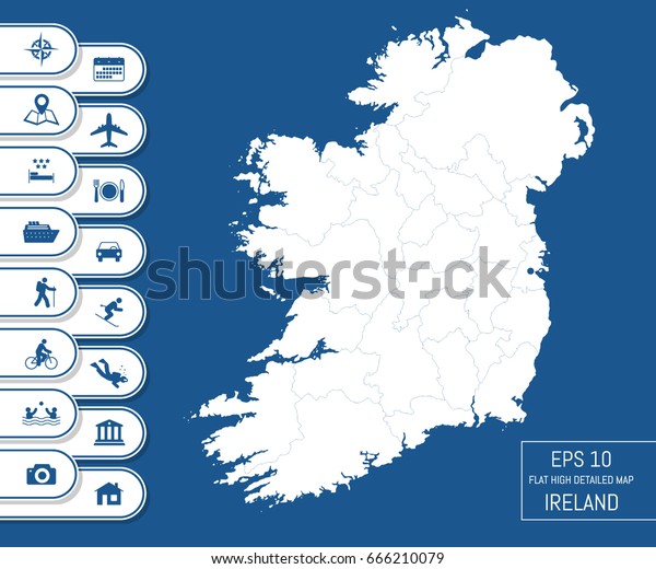Flat high\
detailed Ireland map. Divided into editable contours of\
administrative divisions. Vacation and travel icons. Template for\
your design works. Vector\
illustration.