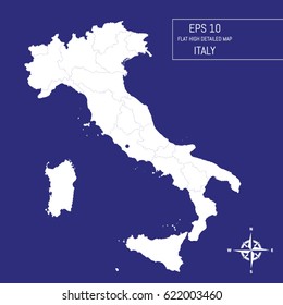 Flat high detailed Italy map. Divided into editable contours of administrative divisions.  Continental part and islands. Template for your design works. Vector illustration.