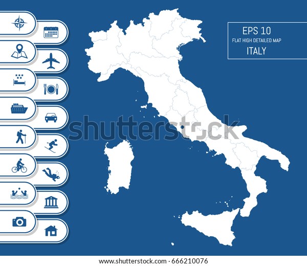 Flat high\
detailed Italy map. Divided into editable contours of\
administrative divisions. Vacation and travel icons. Template for\
your design works. Vector\
illustration.
