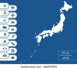 Flat high detailed Japan map. Divided into editable contours of administrative divisions. Vacation and travel icons. Template for your design works. Vector illustration.