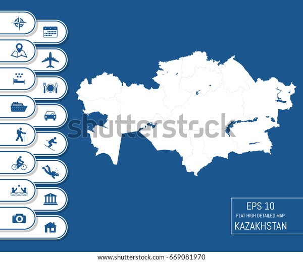 Flat high\
detailed Kazakhstan map. Divided into editable contours of\
administrative divisions. Vacation and travel icons. Template for\
your design works. Vector\
illustration.