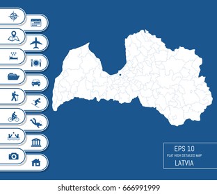 Flat high detailed Latvia map. Divided into editable contours of administrative divisions. Vacation and travel icons. Template for your design works. Vector illustration.